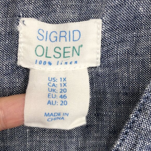 Sigrid Olsen Women's Oversized Linen V-Neck Top 1X Blue Button Accent Coastal - Picture 3 of 6